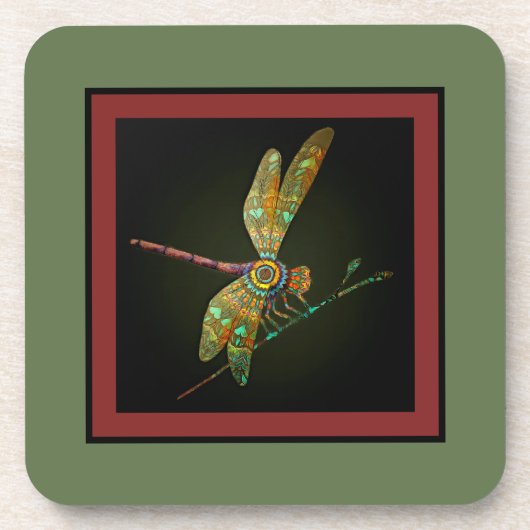 Jewel Tone Dragonfly Meets Mandala on Olive Getränkeuntersetzer (Vorderseite)