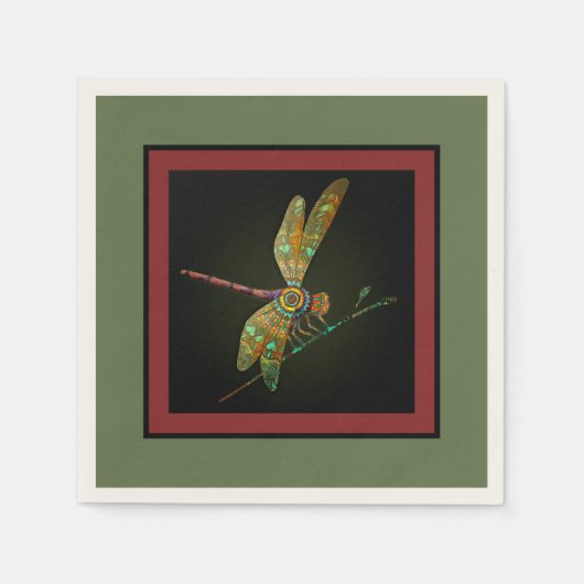Jewel Tone Dragonfly Meets Mandala on Olive Green Serviette (Vorderseite)