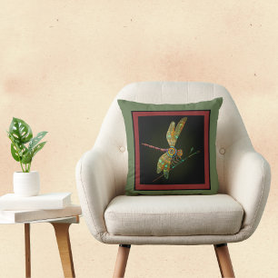 Jewel Tone Dragonfly Meets Mandala on Olive Kissen