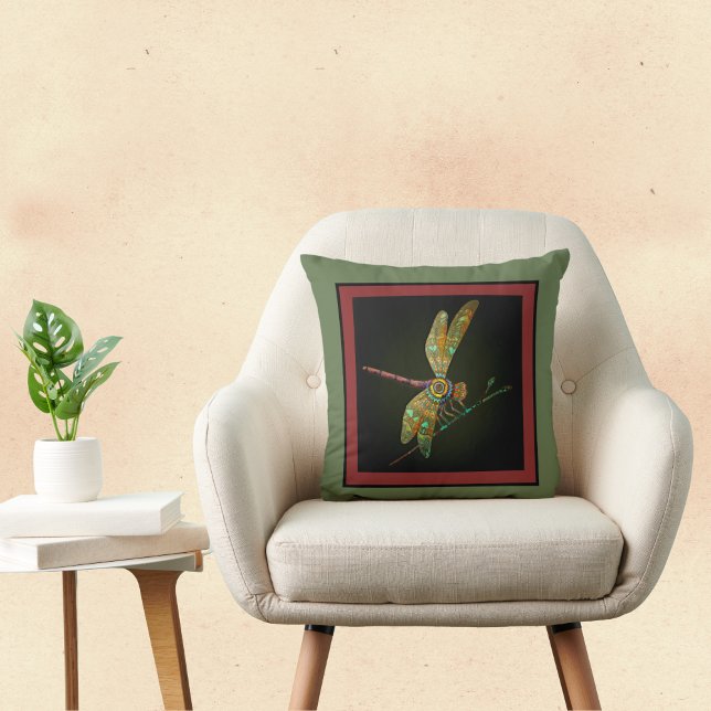 Jewel Tone Dragonfly Meets Mandala on Olive Kissen (Von Creator hochgeladen)