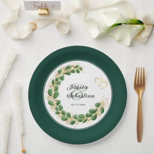 Jewel Tone Emerald Green & Gold Eucalyptus Wedding Pappteller (Hochzeit)