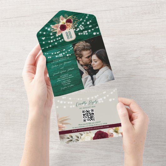 Jewel Tone Emerald Rustic Boho Wedding All In One Einladung (Abreißen)