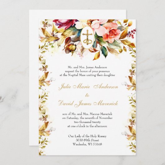 Jewel Tone Katholische Blumenhochzeit und Empfang Einladung (Vorne/Hinten)