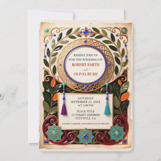 Jewel Tone Moroccan Wedding Invitation Gold Einladung (Vorderseite)