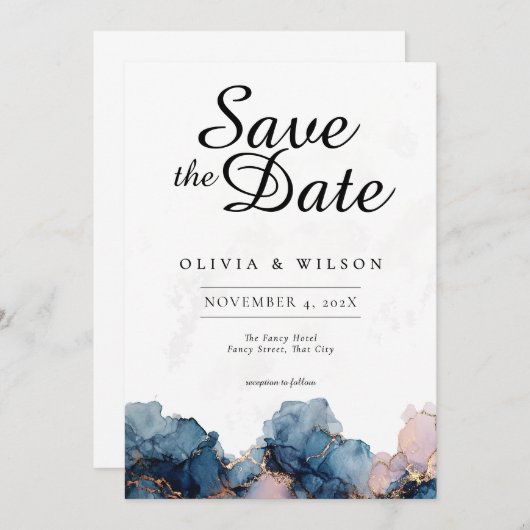Jewel Tone Save the Date Card, Navy Blue Rose Gold Einladung (Vorne/Hinten)