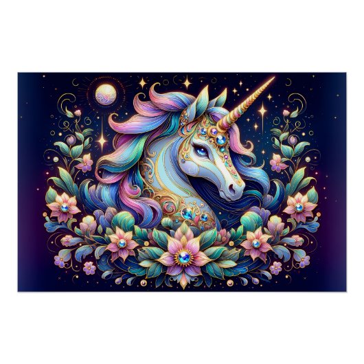 Jewel Toned Unicorn Floral Fantasy Poster (Vorderseite)