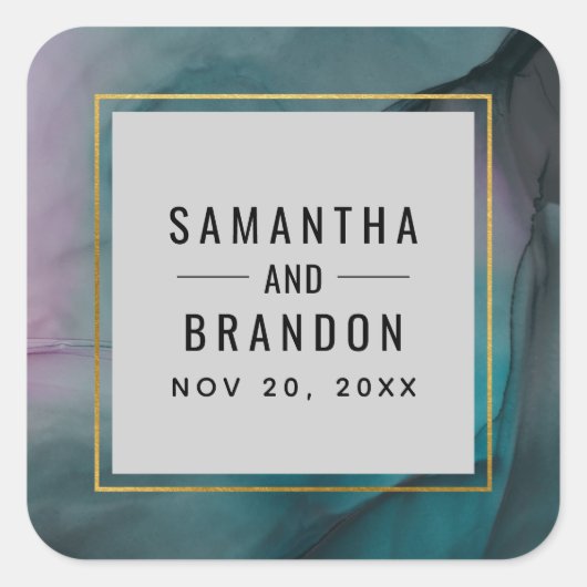 Jewel Tones Marble Ink Wash Muster Hochzeit Quadratischer Aufkleber (Vorderseite)