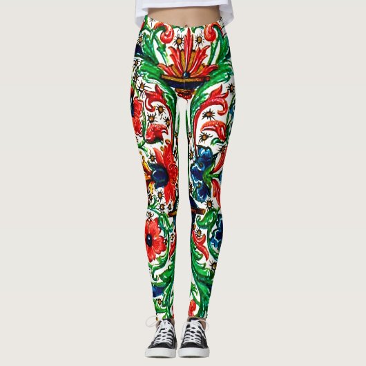 Jewel Tones Mittelalterliches Manuskript-Blume Sku Leggings (Vorderseite)
