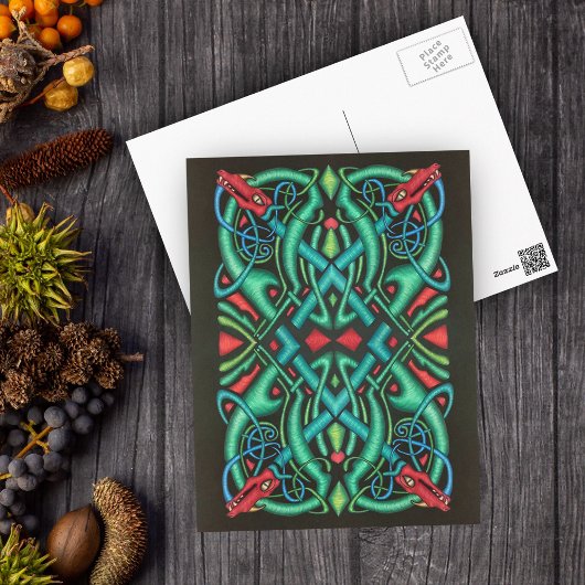 Jewel Tones Ornate Celtic Dragon Knot Black Postkarte