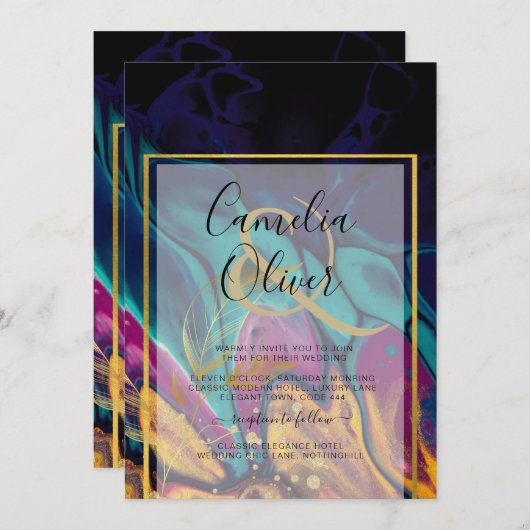 Jewel Tones WEDING INK Plum Lila Aquamarin Navy Go Einladung (Vorne/Hinten)