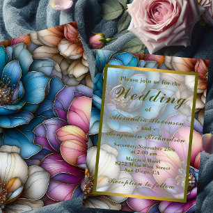 Jewel-Tonige Florale Gold-Buntglas-Hochzeit Einladung