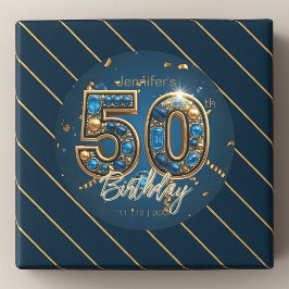 Jeweled Sapphire Blue and Gold 50th Birthday  Runder Aufkleber