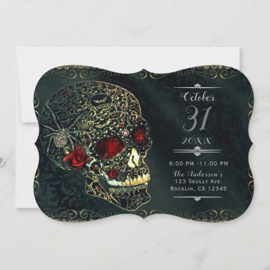 Jeweled Spider Skull & Rose Glam Gothic Party Einladung (Rückseite)