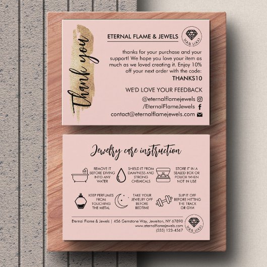 Jewelry Care White Chic Script Pink Thank You Card Visitenkarte