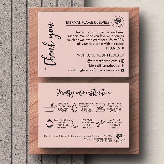 Jewelry Care White Chic Script Pink Thank You Card Visitenkarte