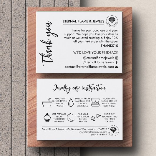 Jewelry Care White Chic Script Thank You Card Visitenkarte