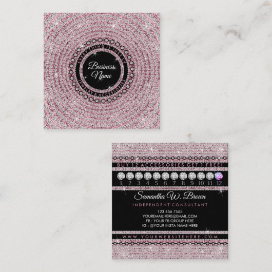 Jewelry Diamond Circle Pink Glitz Bling Elegant Quadratische Visitenkarte (Vorne/Hinten)