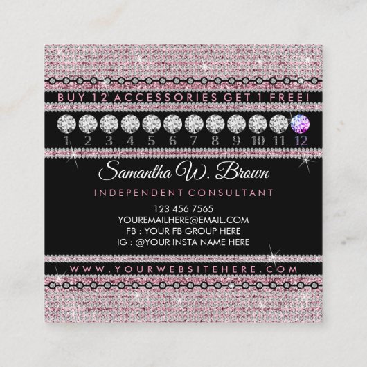 Jewelry Diamond Circle Pink Glitz Bling Elegant Quadratische Visitenkarte (Rückseite)