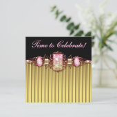 Jewels Pink Black Gold Geburtstagsparty Einladung (Stehend Vorderseite)