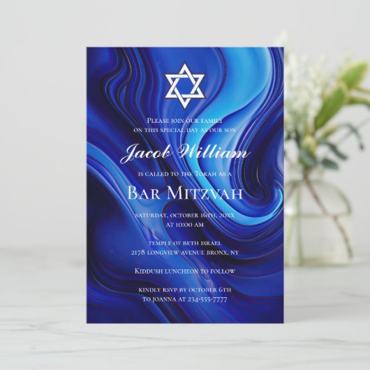 Jewish Bar Mitzvah Blue Fluid Art Einladung (Stehend Vorderseite)