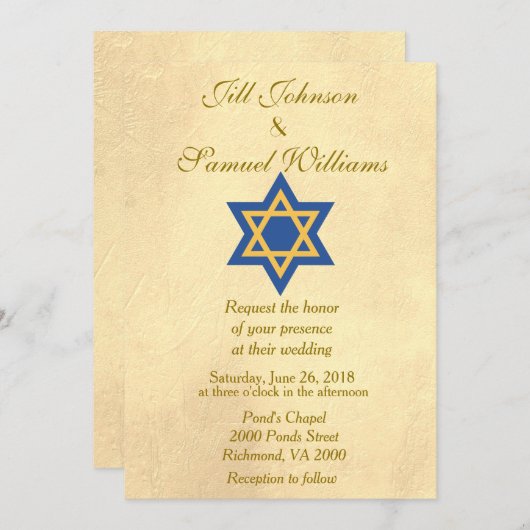 Jewish Blue und Gold Star von David Wedding Einladung (Vorne/Hinten)