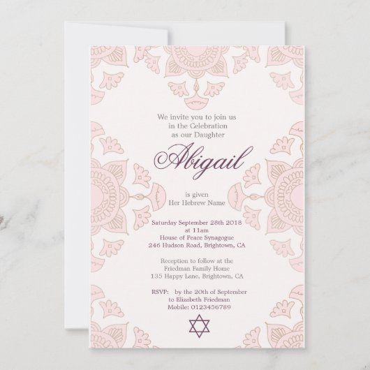 Jewish Girl Custom Baby Naming Pink Einladung (Vorderseite)