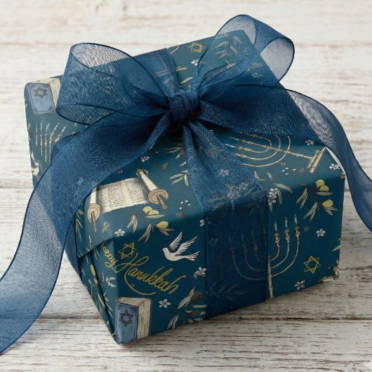 Jewish Happy Hanukkah Menorah Navy Blue Geschenkpapier