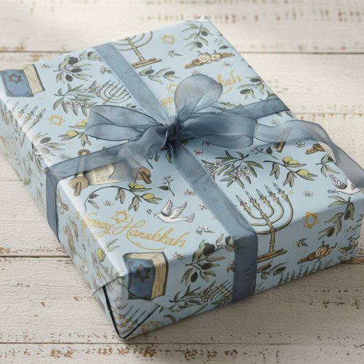 Jewish Happy Hanukkah Menorah & Olive Branches Geschenkpapier