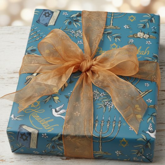 Jewish Happy Hanukkah Menorah & Olive Branches Geschenkpapier