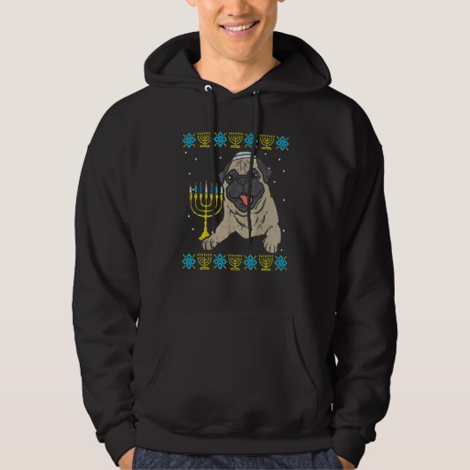 Jewish Pug Dog Menorah Ugly Hanukkah Pajamas Chanu Hoodie (Vorderseite)