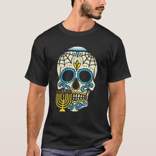Jewish Sugar Skull Menorah Mexican Hanukkah Chanuk T-Shirt (Vorderseite)