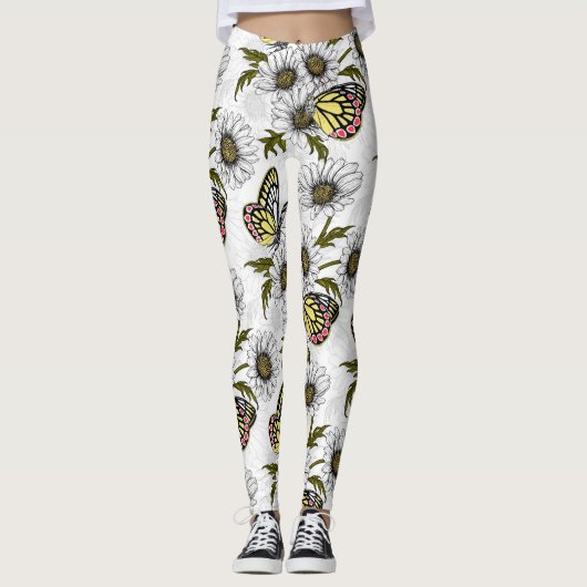 Jezebel-Schmetterlinge und weiße Blume Leggings (Vorderseite)