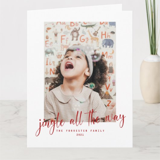 Jingle All The Way Red Script 2 Foto Holiday Card Karte (Vorderseite)