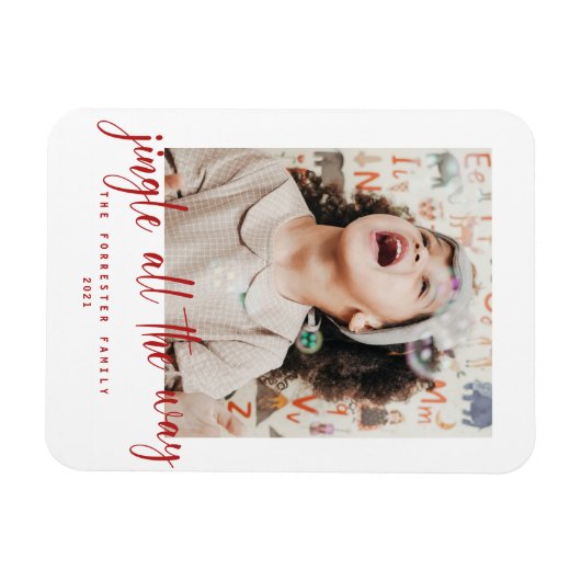 Jingle All The Way Red Script Foto Holiday Card Magnet (Horizontal)