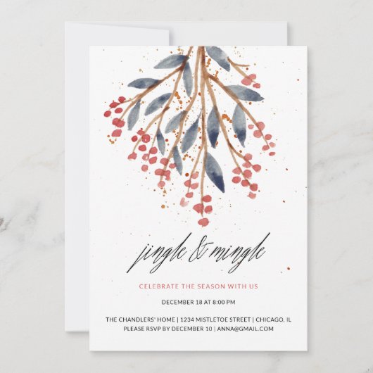 Jingle and Mingle Christmas Greenerity and Red Ber Einladung (Vorderseite)