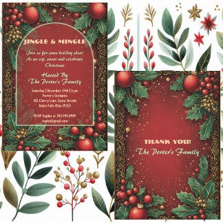 Jingle and Mingle Christmas Holly Motifs Red Berry Einladung