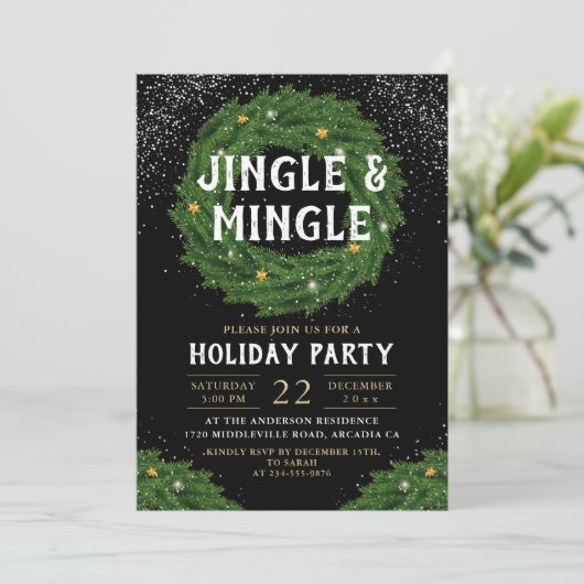 Jingle and Mingle Christmas Wreath Holiday Party Einladung (Stehend Vorderseite)