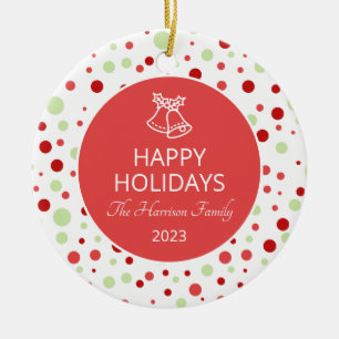 Jingle Bell Polka Dot Happy Holidays Family Keramik Ornament