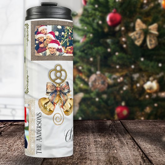 Jingle Bells 5 Foto Collage Gold White Eclectic Thermosbecher