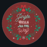 Jingle Bells All the way Christmas Stickers<br><div class="desc">Ein eleganter und moderner Weihnachtskleber aus dem 19. Jahrhundert mit schneebedecktem Hintergrund, Schneeflocken, Schlittelglocken, Bändern, dekorativen geblüht Schriften und einem noblen botanischen Garland-Thema, das das Beste aus den Ferien darstellt. Es wird von den Weihnachtsliedern der Weihnachtszeit der Texte "Jingle All the Way" inspiriert und ist auch eine großartige Möglichkeit, Holiday...</div>