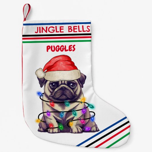 JINGLE BELLS MOPS Weihnachts-Strumpf mit Namen. Kleiner Weihnachtsstrumpf (Vorderseite)