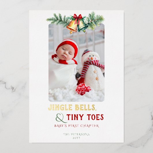 Jingle Bells Tiny Toes Foto Baby Ankündigung (Vorderseite)
