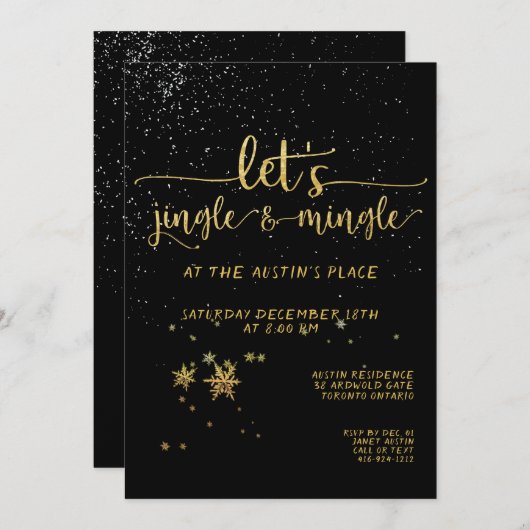 Jingle Mingle Black Gold Calligraphy Holiday Party Einladung (Vorne/Hinten)