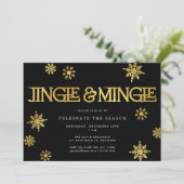 Jingle & Mingle Black Gold Snowflakes Party Einladung (Stehend Vorderseite)