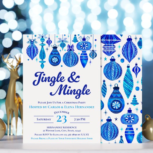 Jingle & Mingle Blue Christmas Baubles Watercolor Einladung