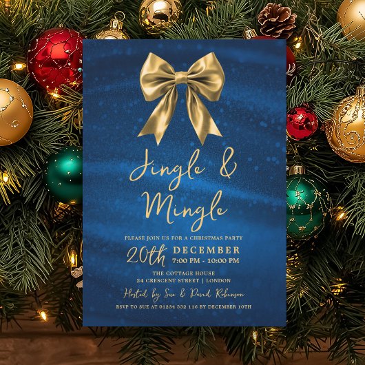 Jingle Mingle Christmas Gold Bow Silver Blue  Einladung