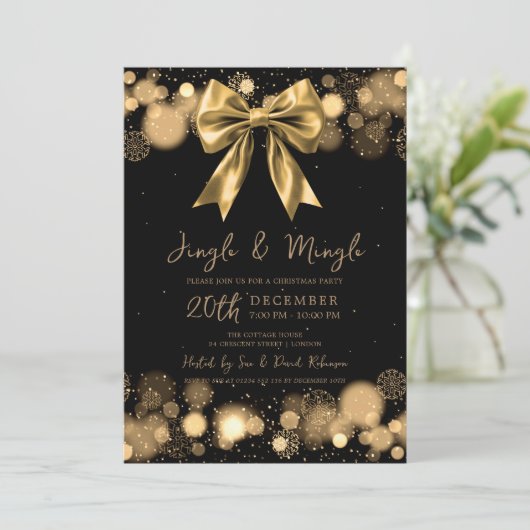 Jingle & Mingle Christmas Party Winter Gold Bow Einladung (Stehend Vorderseite)