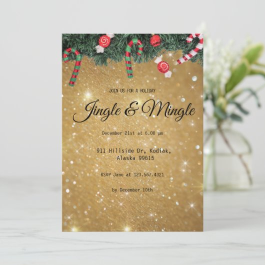 Jingle Mingle Eleganto Modern Gold Christmas Party Einladung (Stehend Vorderseite)