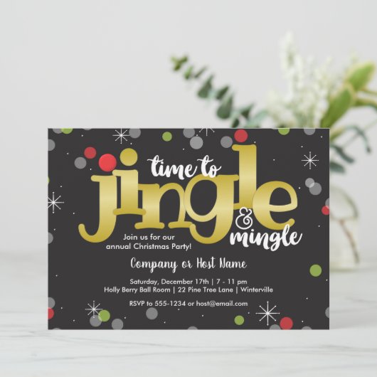 Jingle & Mingle Gold Red and Green Christmas Party Einladung (Stehend Vorderseite)