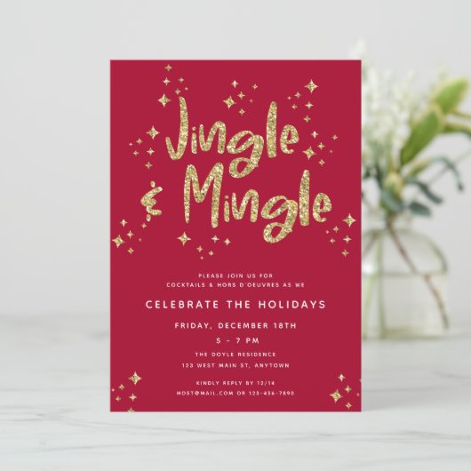 Jingle & Mingle Imitats Gold Glitzer Holiday Party Einladung (Stehend Vorderseite)
